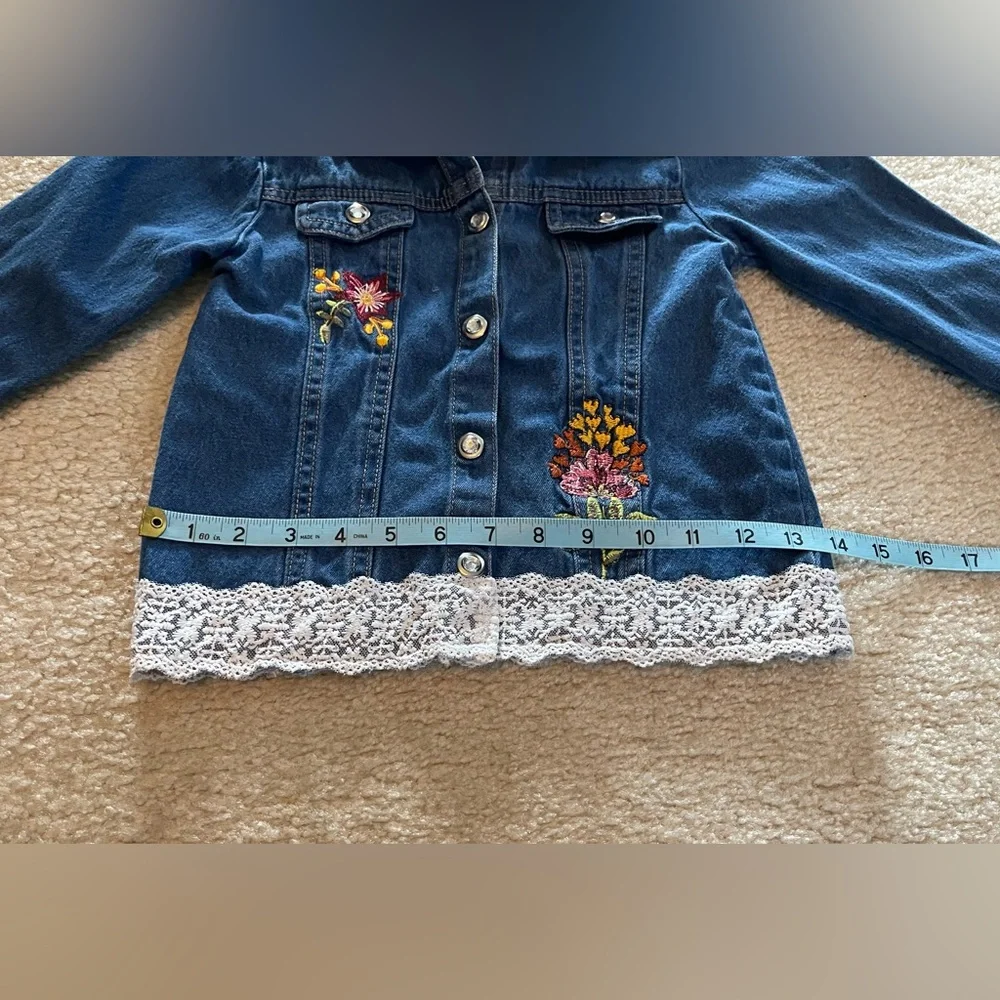 Little Lass Girl - Blue Jean Jacket with Embroidered Flowers and Lace - Size: 6X